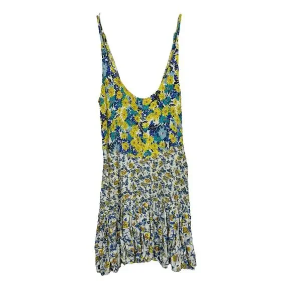 Free People English Garden Smocked Floral Print Dress XS Yellow Blue Boho Mini - Picture 2 of 8